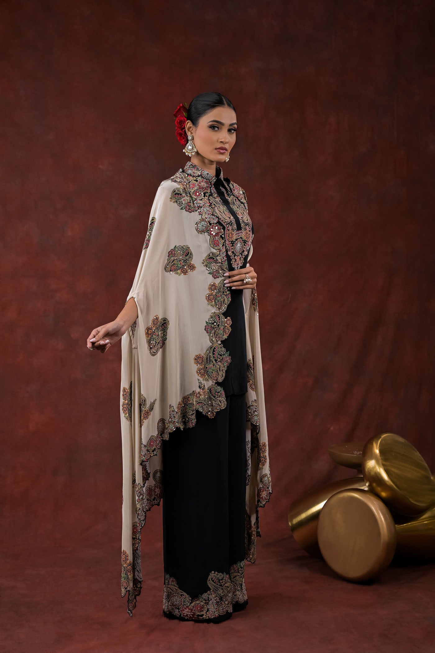 Noir Ivory Embroidered Cape Pant Set