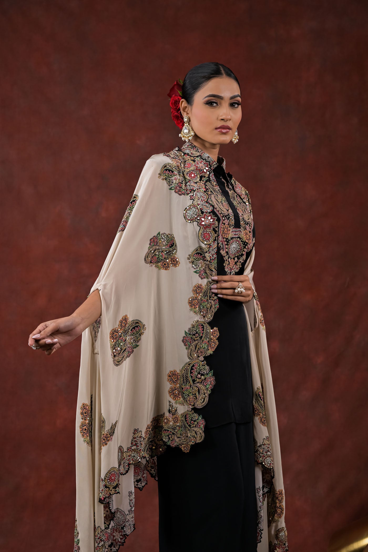 Noir Ivory Embroidered Cape Pant Set