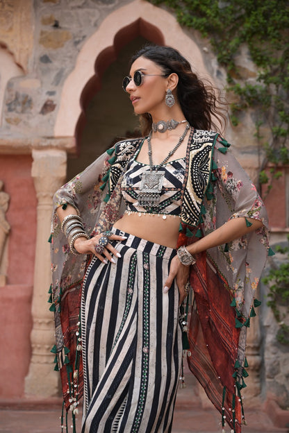 Kutch Striped Co-ord Set with Embroidered Cape