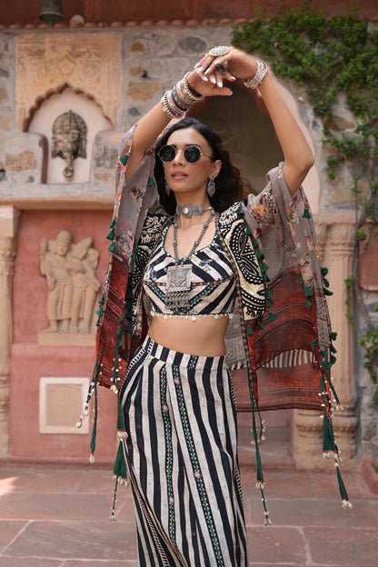 Kutch Striped Co-ord Set with Embroidered Cape