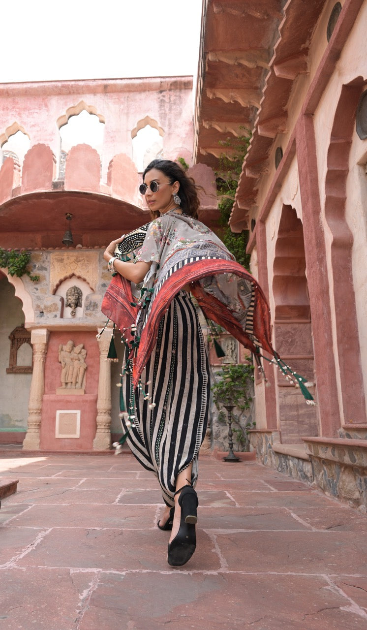Kutch Striped Co-ord Set with Embroidered Cape