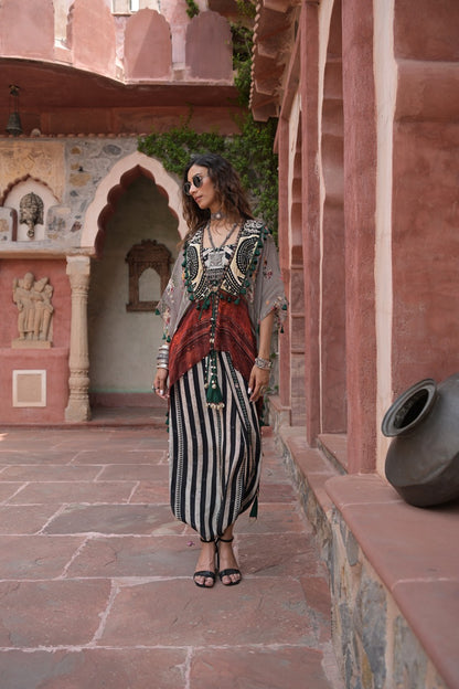 Kutch Striped Co-ord Set with Embroidered Cape