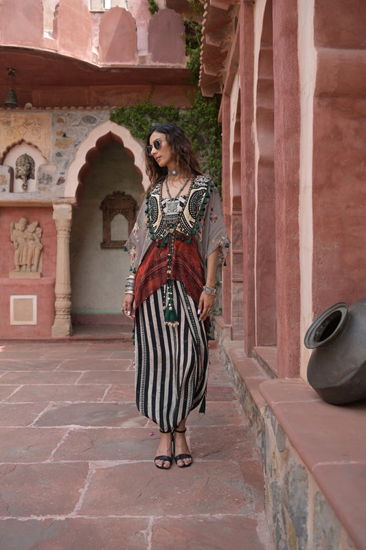 Kutch Striped Co-ord Set with Embroidered Cape