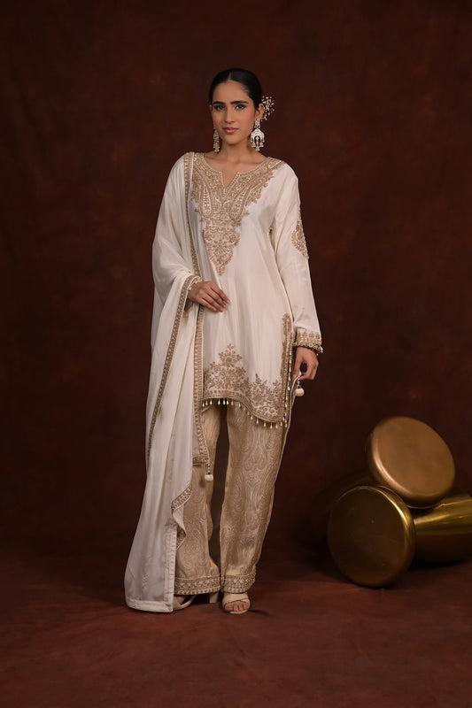 Ivory Royale Organza Tissue Kurta Set with Banarasi Bottom