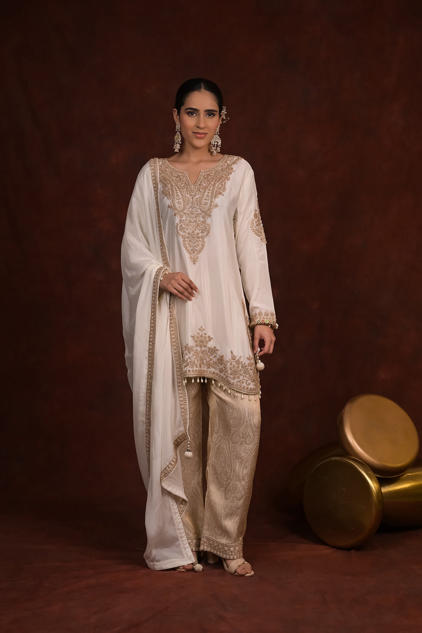 Ivory Royale Organza Tissue Kurta Set with Banarasi Bottom