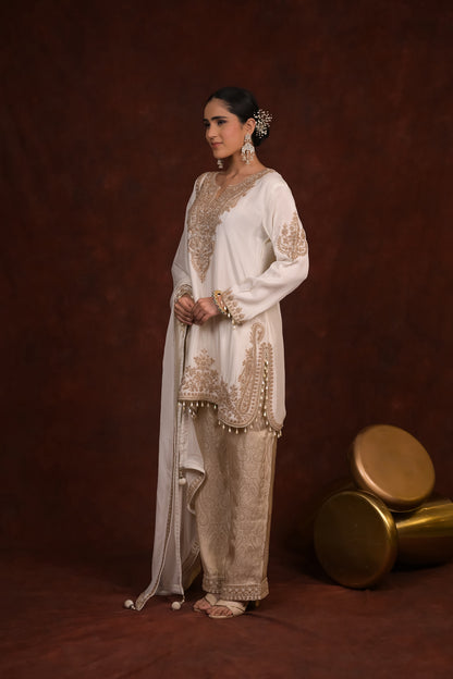 Ivory Royale Organza Tissue Kurta Set with Banarasi Bottom