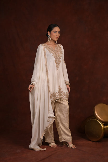 Ivory Royale Organza Tissue Kurta Set with Banarasi Bottom