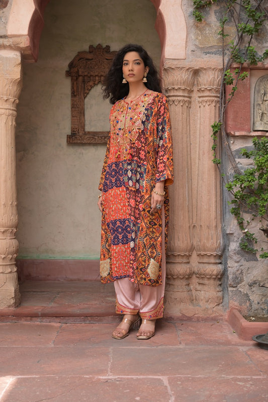 Rust Embellished Short Kurti with Dhoti Pants