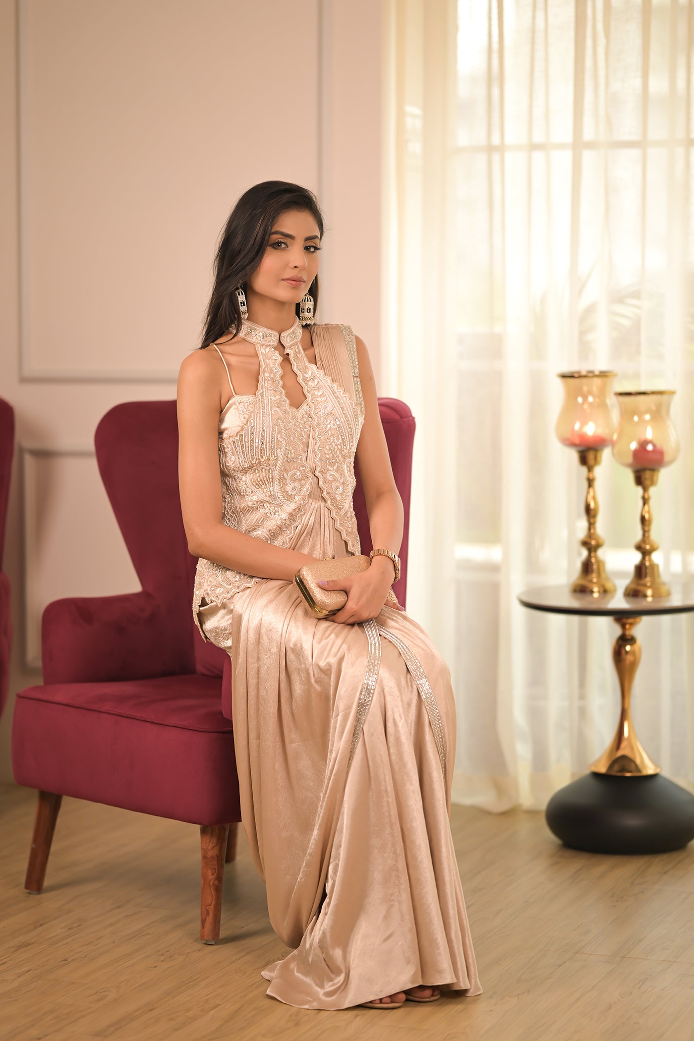 Golden Embellished Draped Saree Set