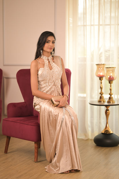 Golden Embellished Draped Saree Set