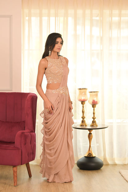 Pink Embroidered Pre-Draped Saree Set