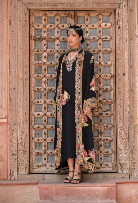 Noor-e-Shab Black Long Kaftan Overlay Set