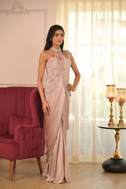 Mauve Embellished Pre-Draped Saree Set