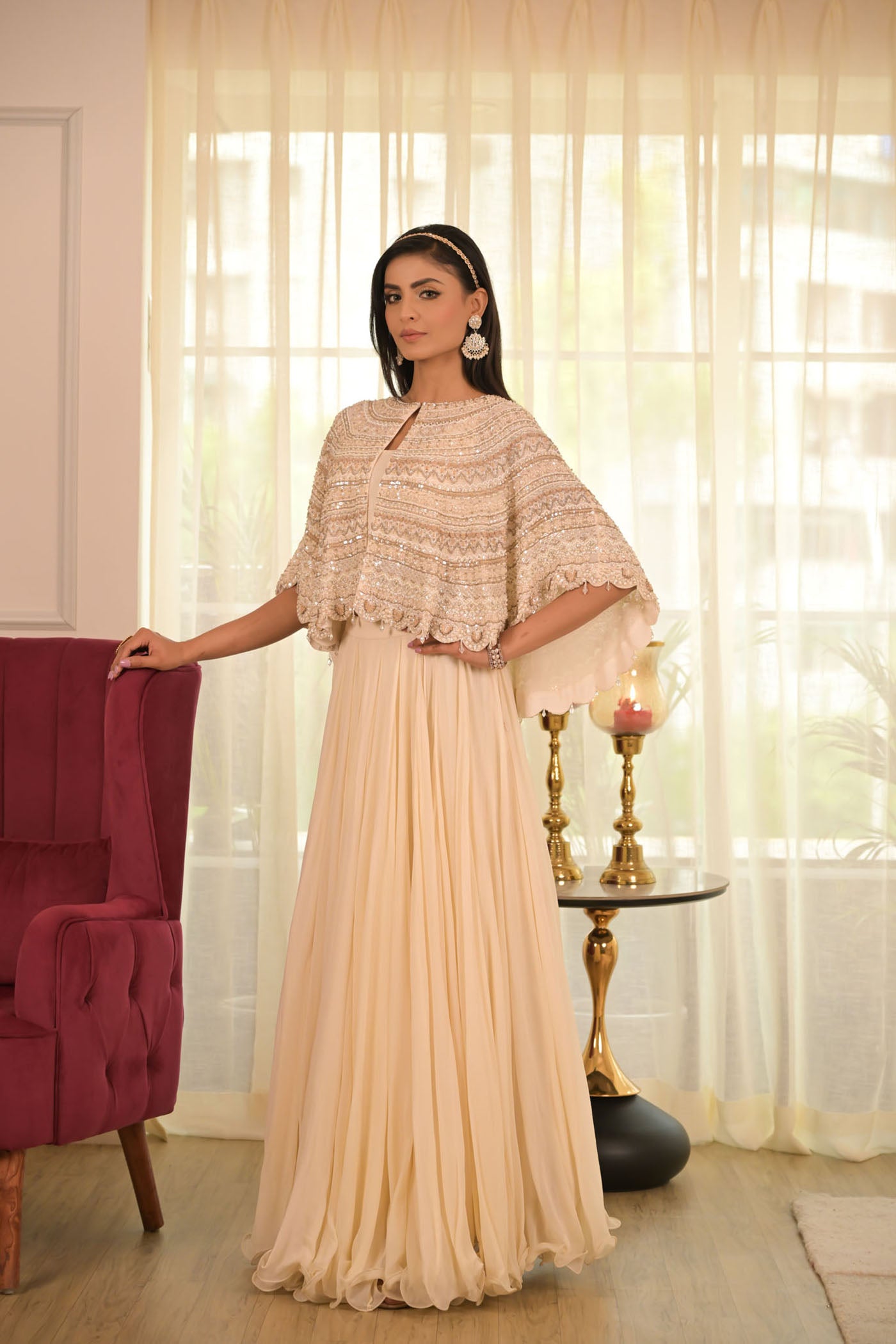 Ivory Cape With Flowing Skirt Set