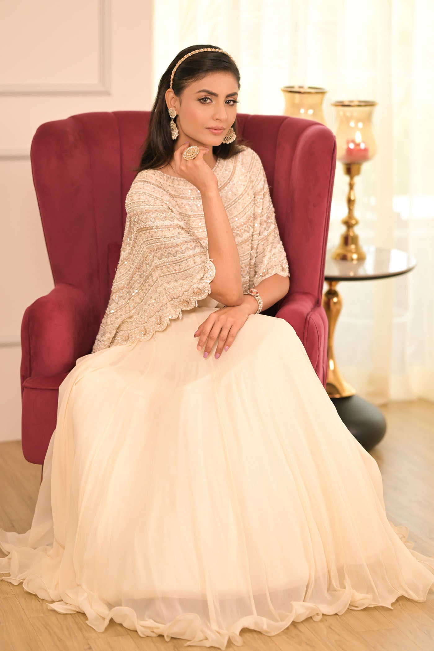 Ivory Cape With Flowing Skirt Set