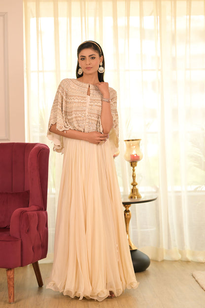 Ivory Cape With Flowing Skirt Set