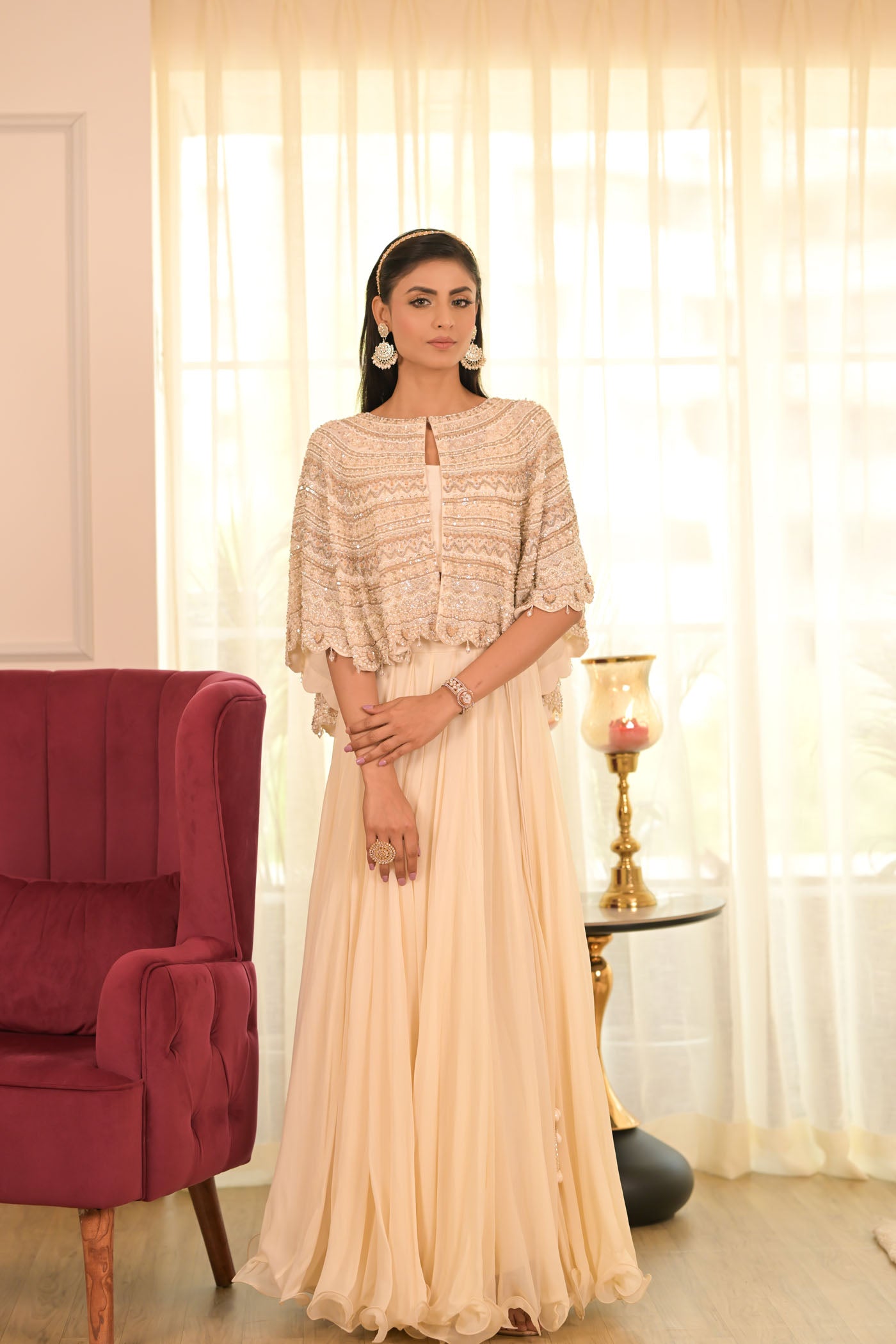 Ivory Cape With Flowing Skirt Set