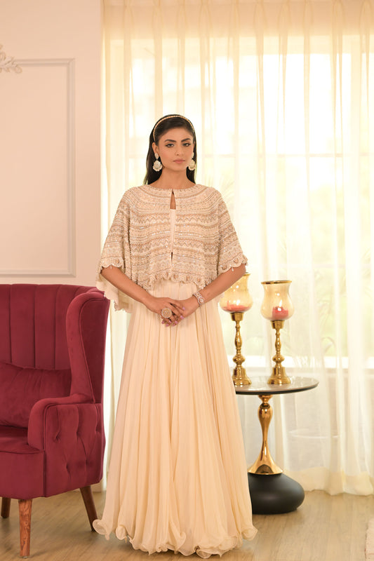 Ivory Cape With Flowing Skirt Set