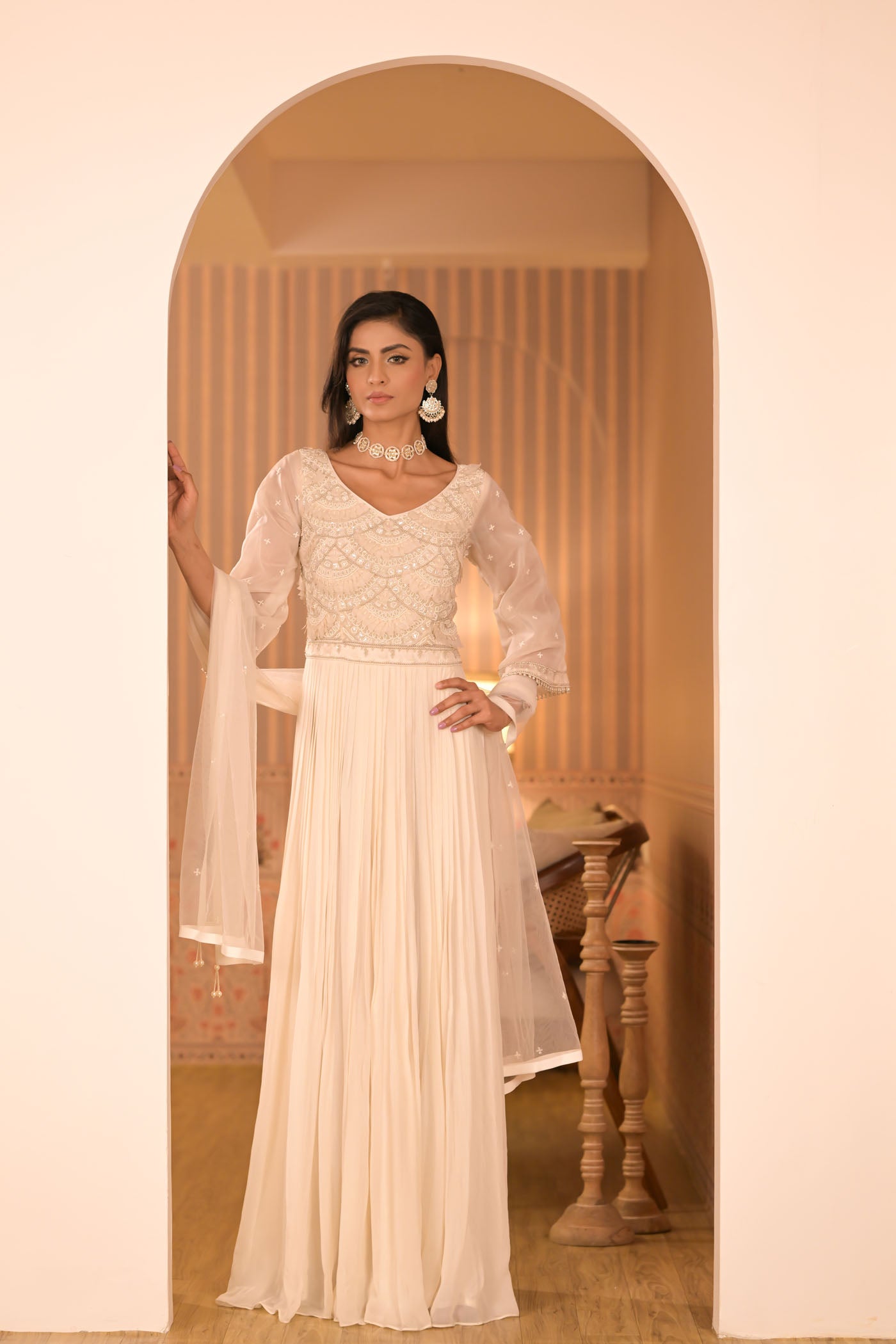 Ivory Anarkali With Sheer Sleeves & Dupatta