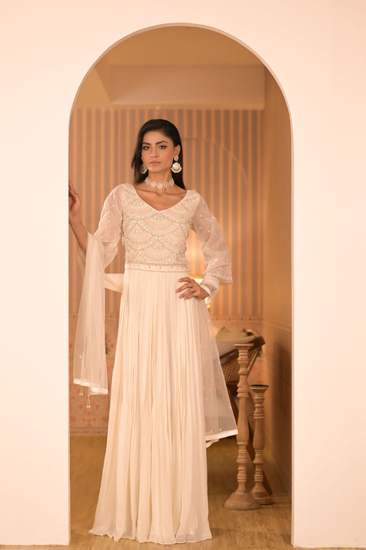 Ivory Anarkali With Sheer Sleeves & Dupatta