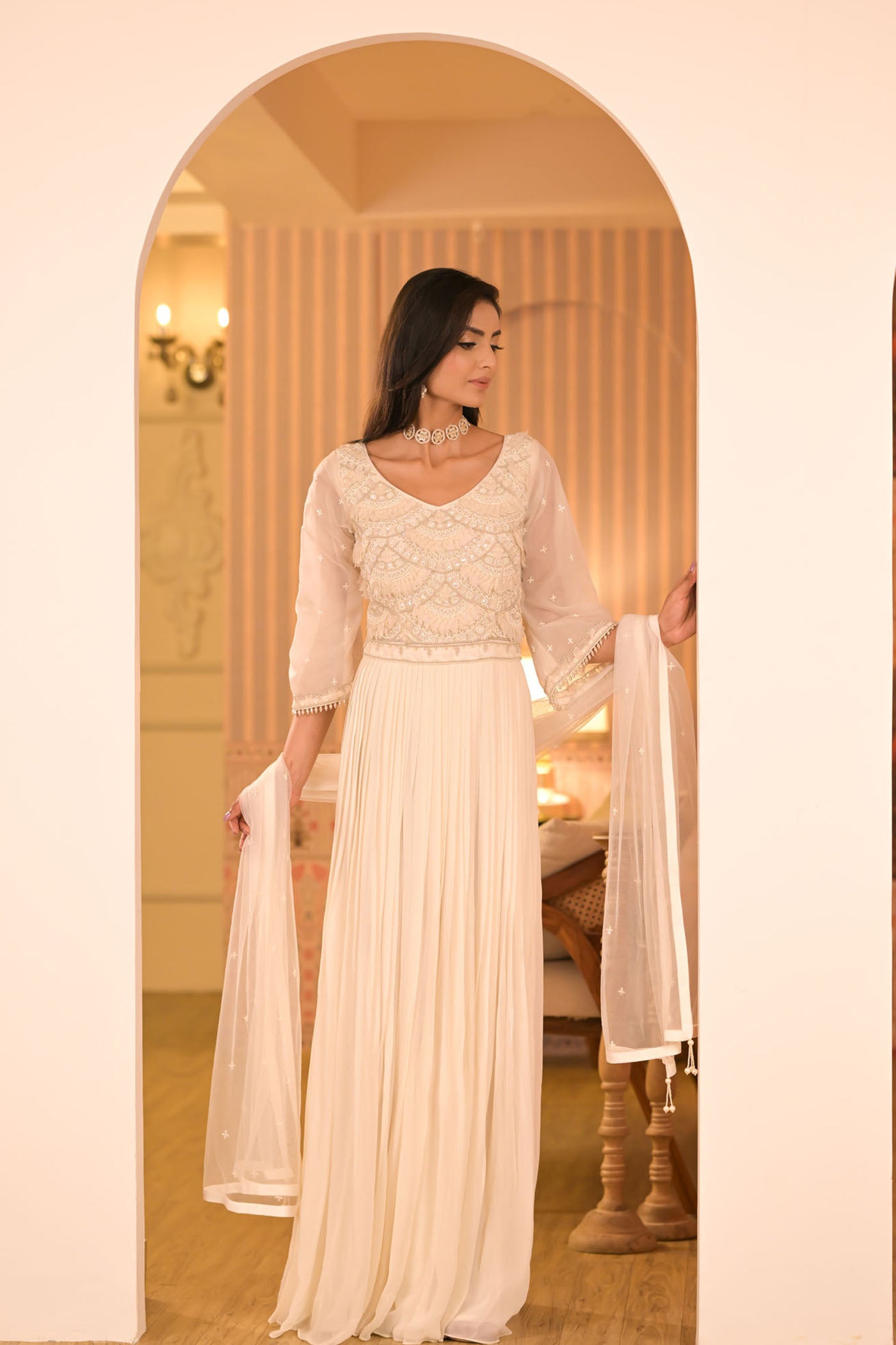 Ivory Anarkali With Sheer Sleeves & Dupatta