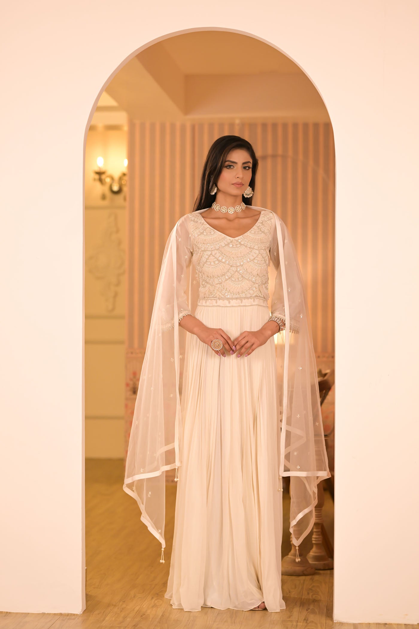 Ivory Anarkali With Sheer Sleeves & Dupatta