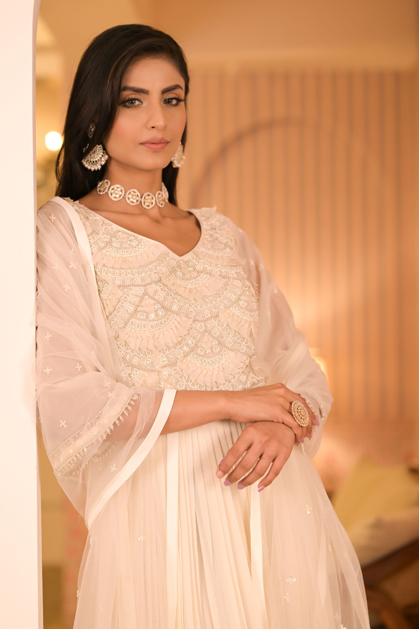 Ivory Anarkali With Sheer Sleeves & Dupatta