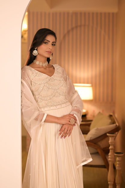 Ivory Anarkali With Sheer Sleeves & Dupatta