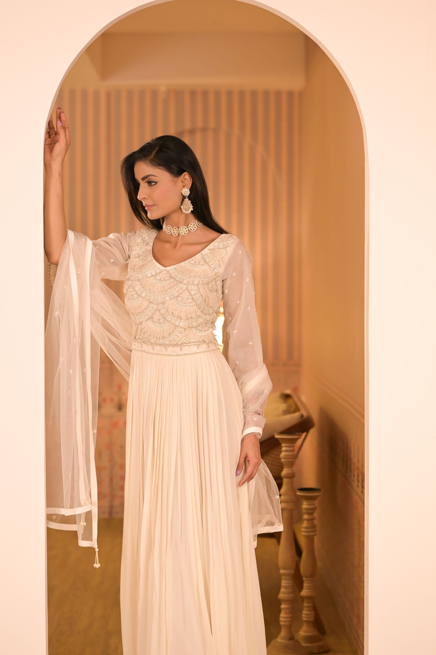 Ivory Anarkali With Sheer Sleeves & Dupatta