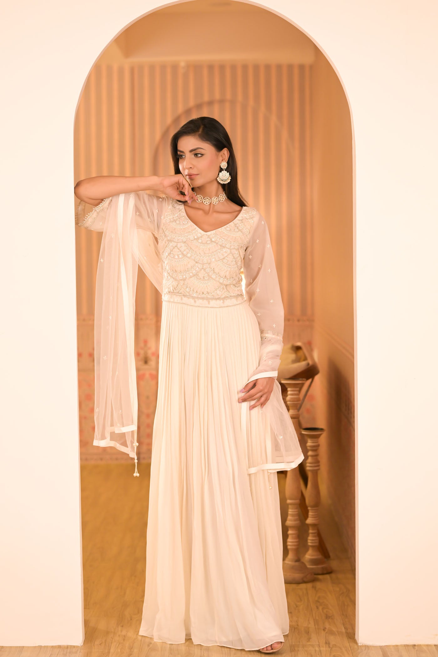 Ivory Anarkali With Sheer Sleeves & Dupatta