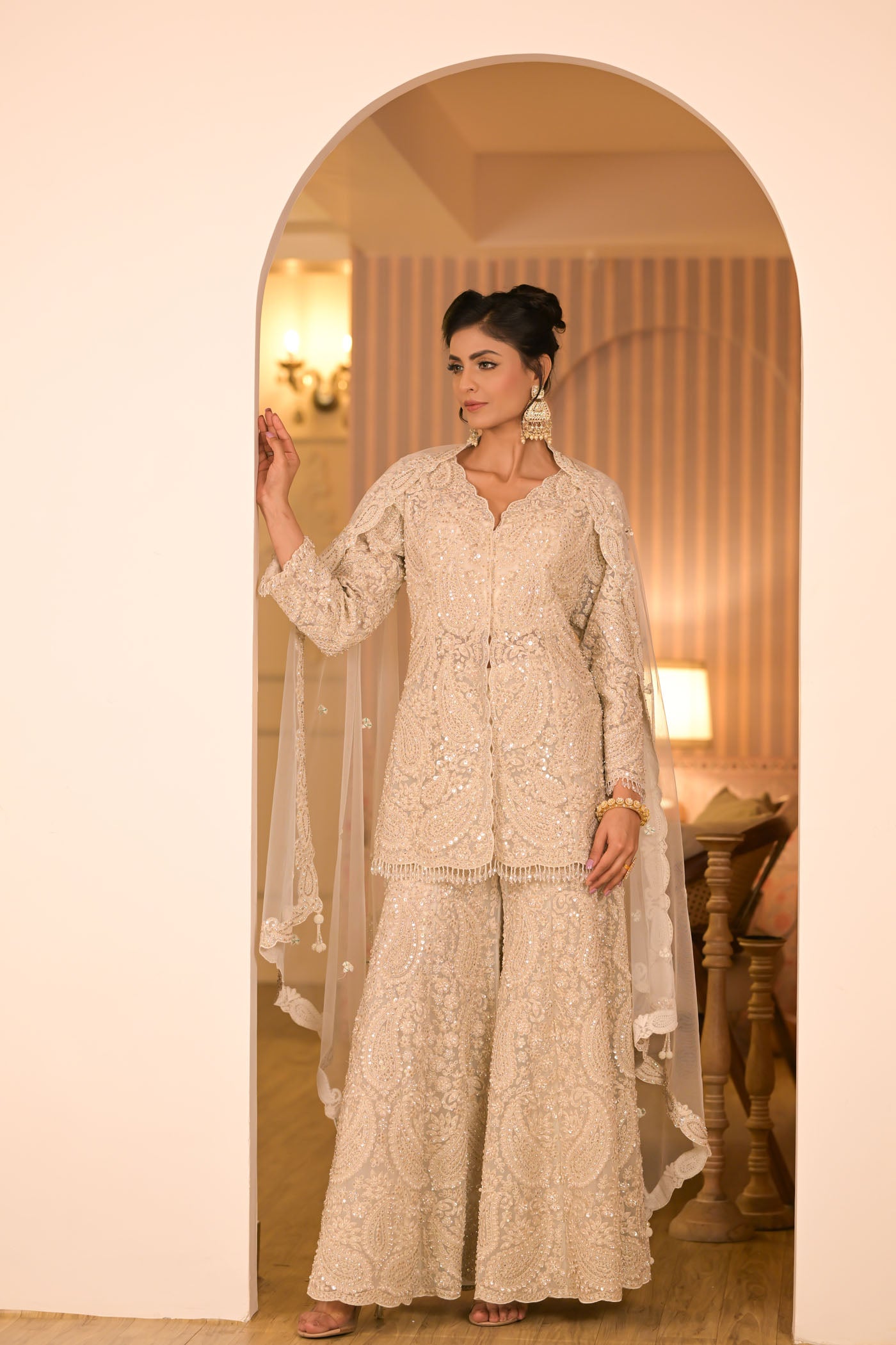 Ivory Embroidered Sharara Set