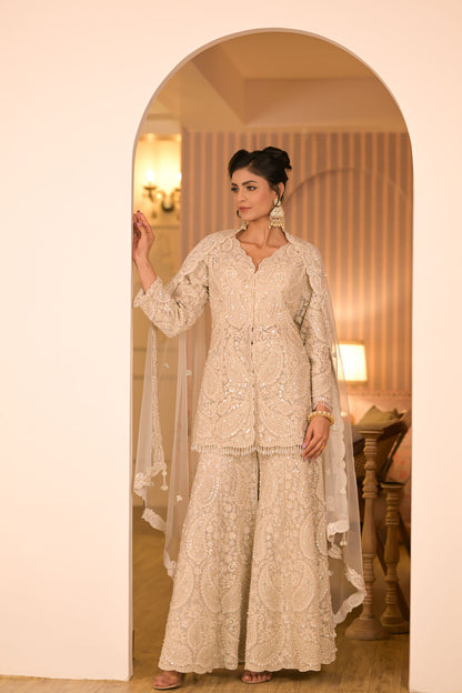 Ivory Embroidered Sharara Set