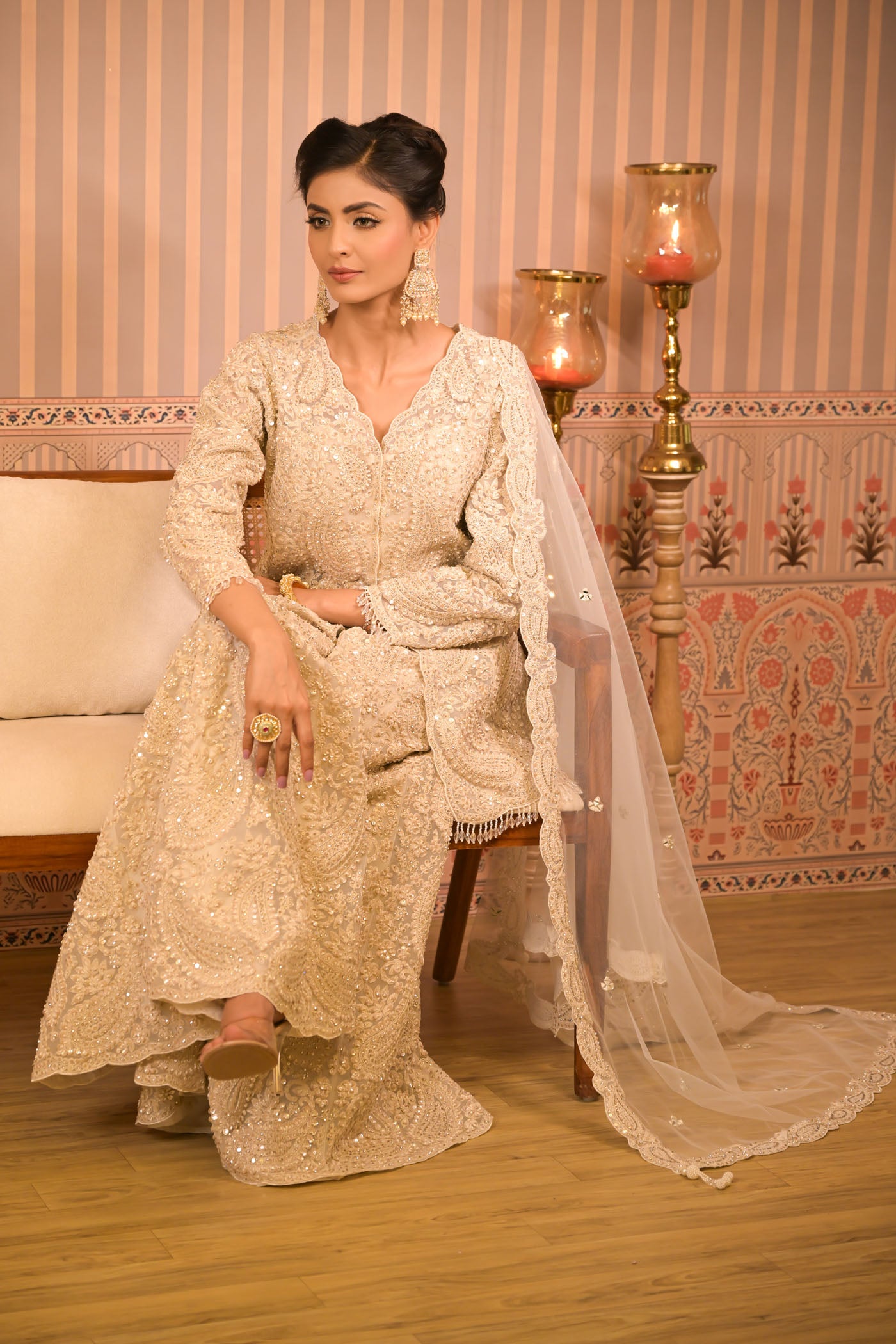 Ivory Embroidered Sharara Set