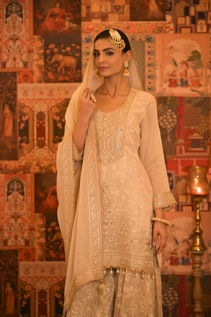 Ivory Gold Embroidered Sharara Set