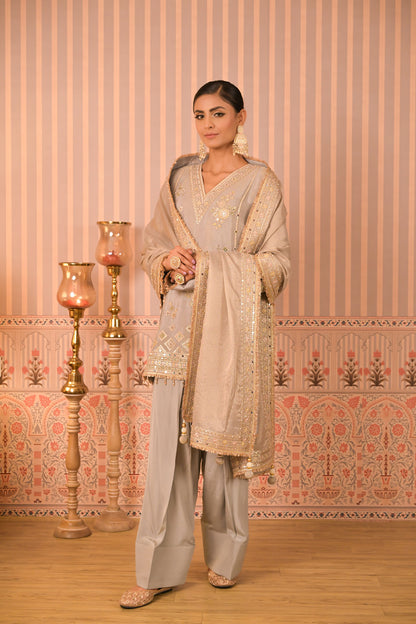 Ice Grey Hand-Embroidered Kurta Set