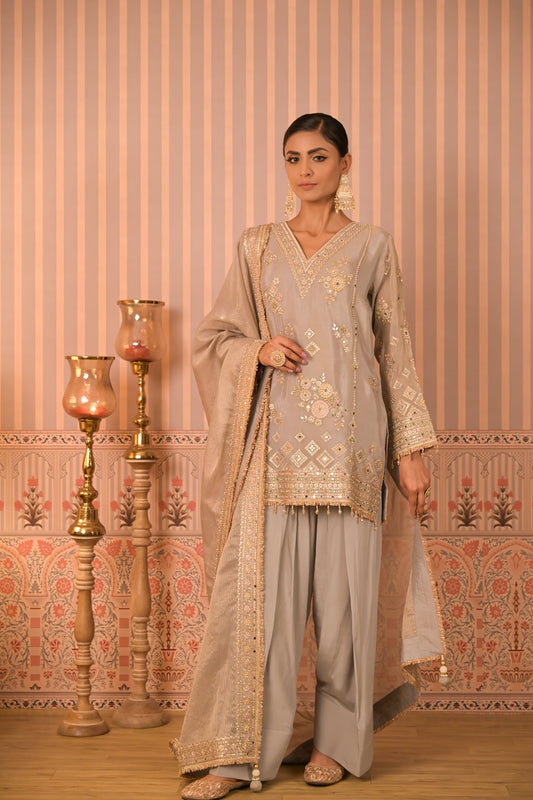 Ice Grey Hand-Embroidered Kurta Set
