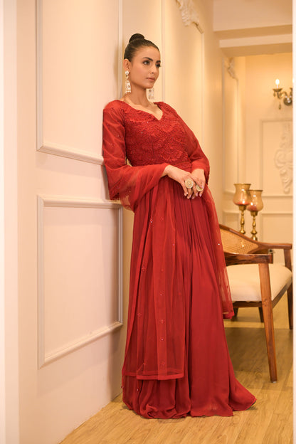 Crimson Red Embroidered Anarkali Set
