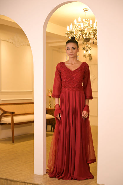 Crimson Red Embroidered Anarkali Set