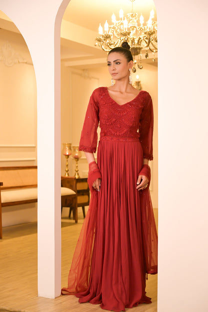 Crimson Red Embroidered Anarkali Set
