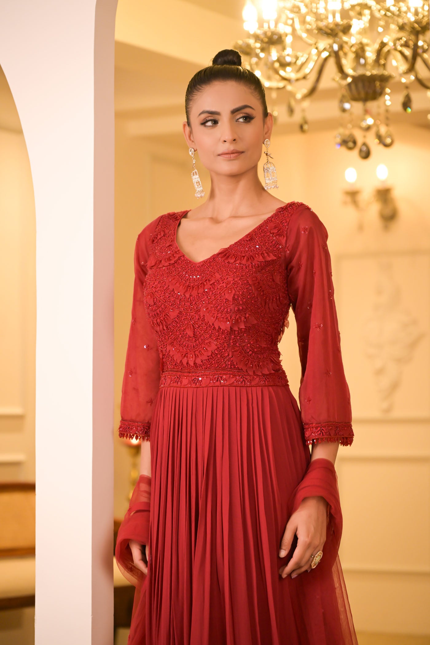 Crimson Red Embroidered Anarkali Set