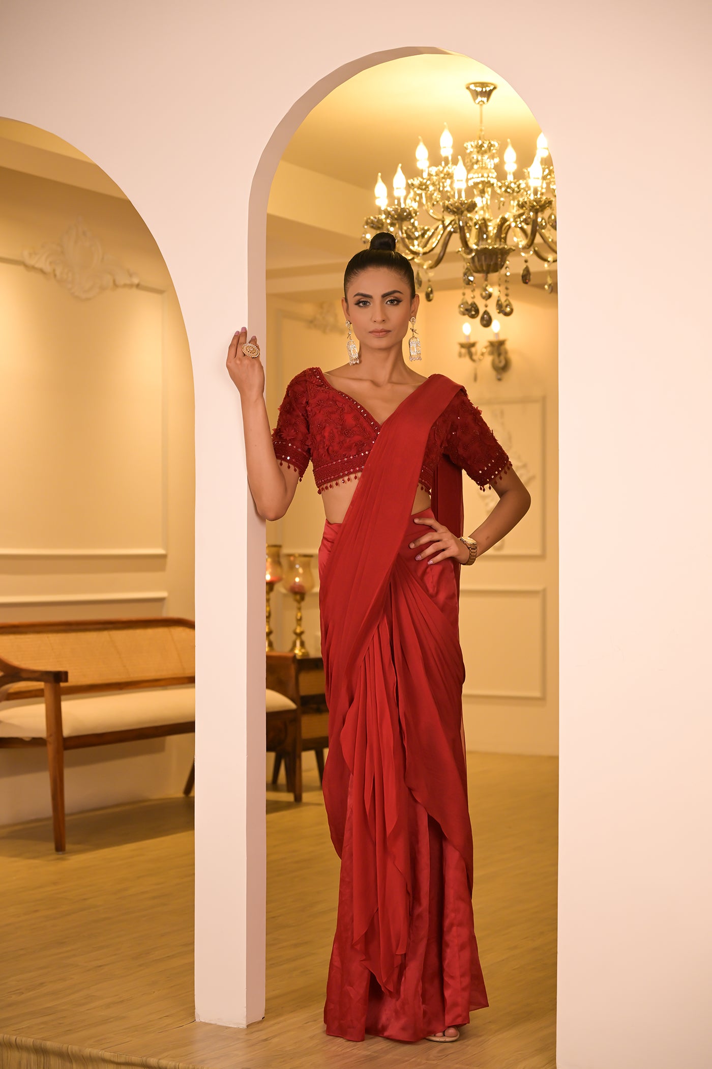 Crimson Red Pre-Draped Saree Set