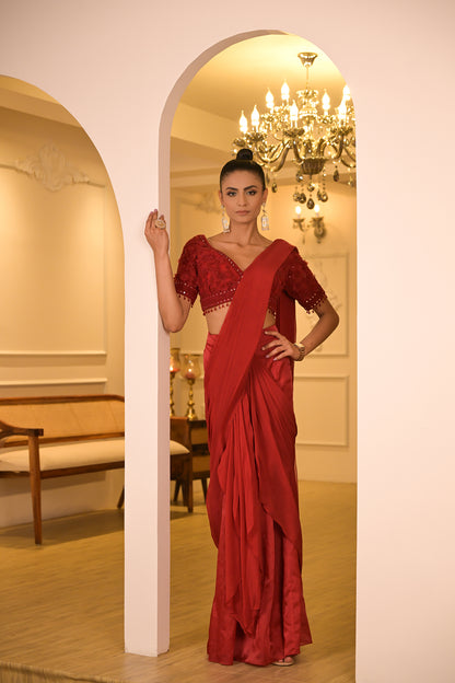 Crimson Red Pre-Draped Saree Set