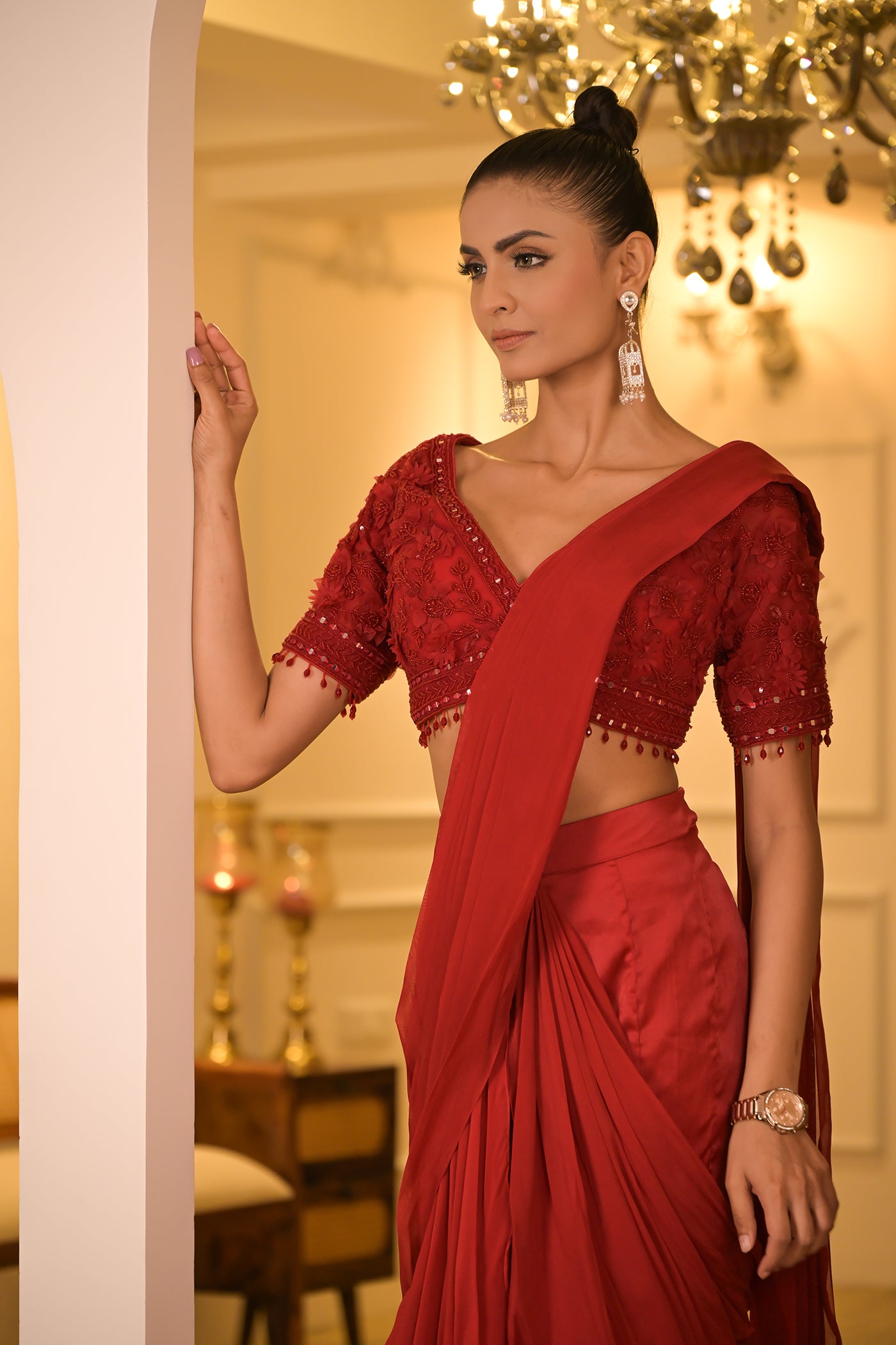 Crimson Red Pre-Draped Saree Set