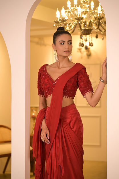 Crimson Red Pre-Draped Saree Set