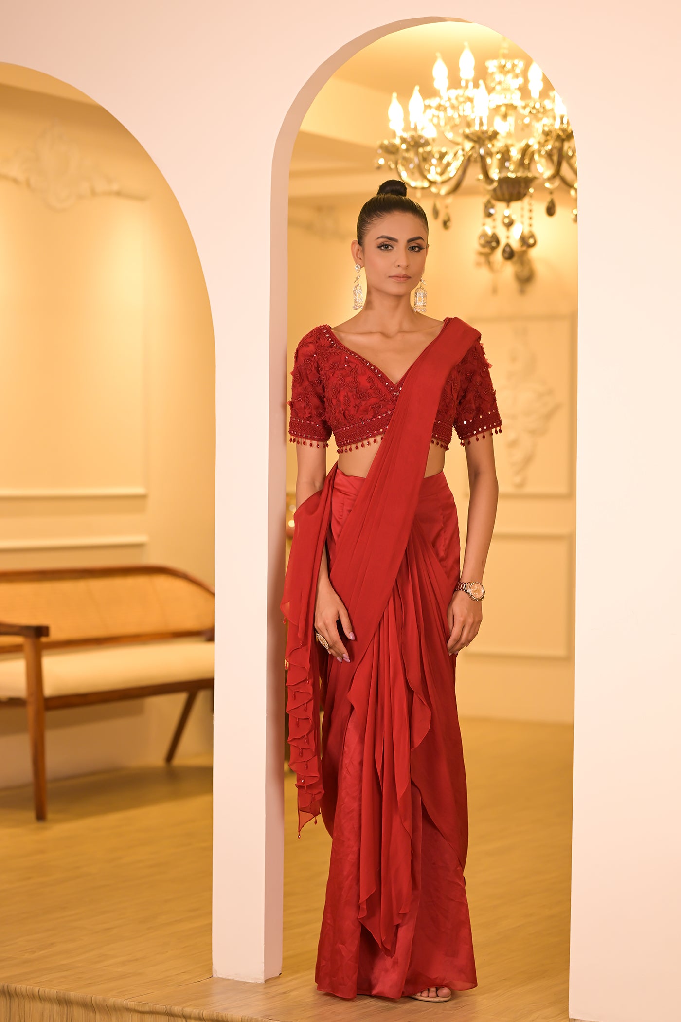 Crimson Red Pre-Draped Saree Set