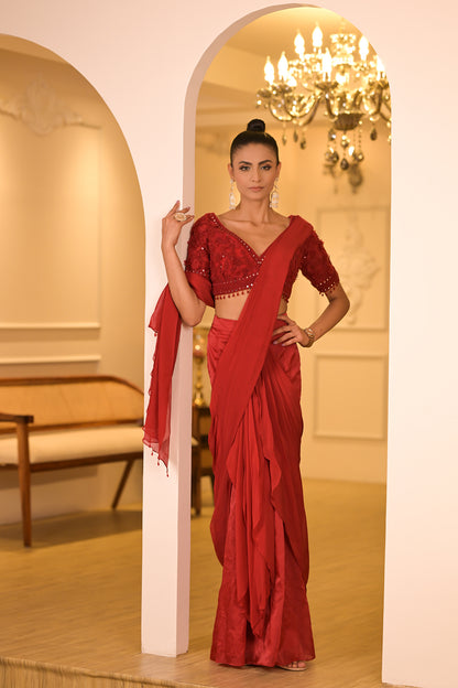 Crimson Red Pre-Draped Saree Set