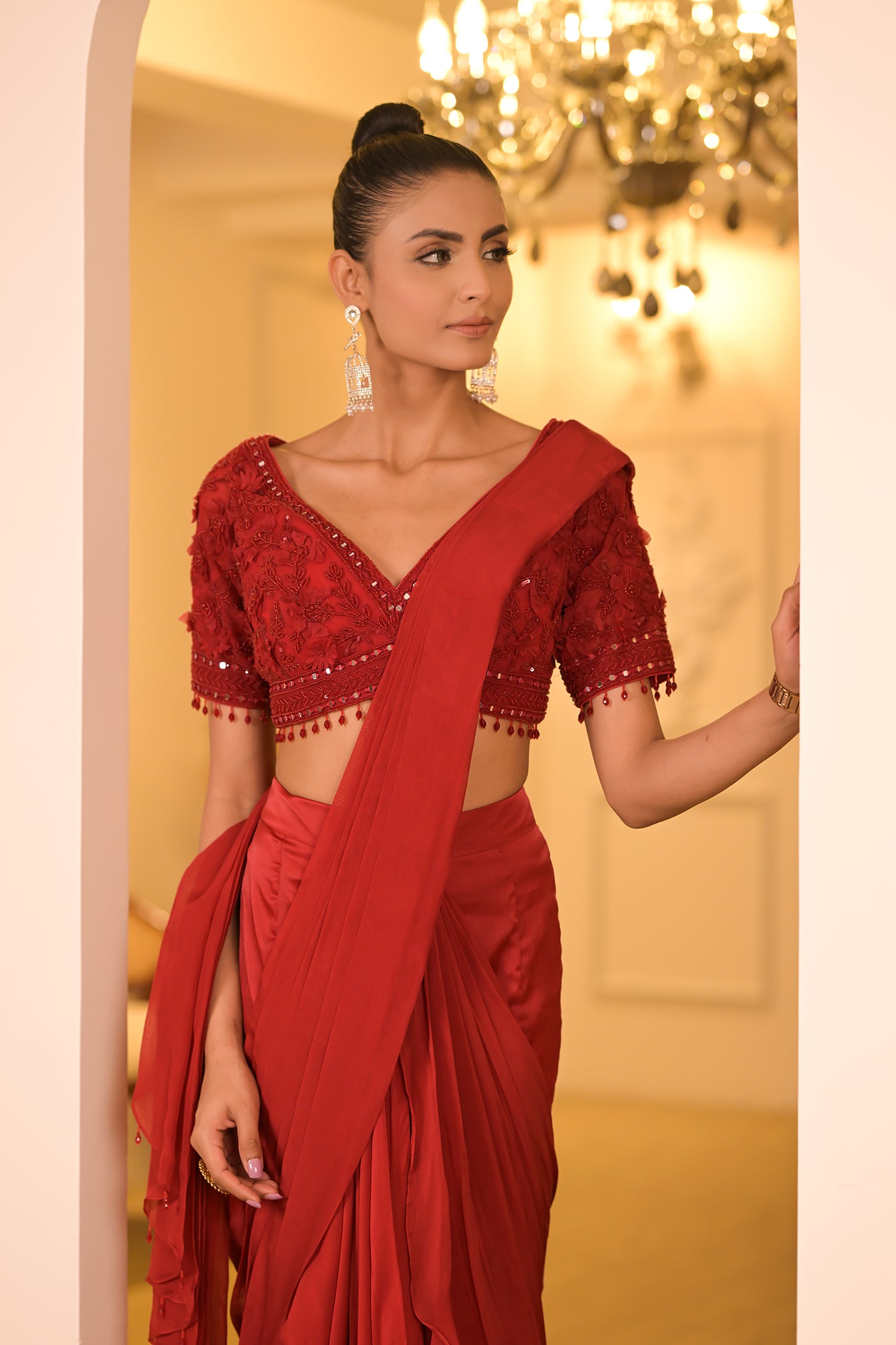 Crimson Red Pre-Draped Saree Set
