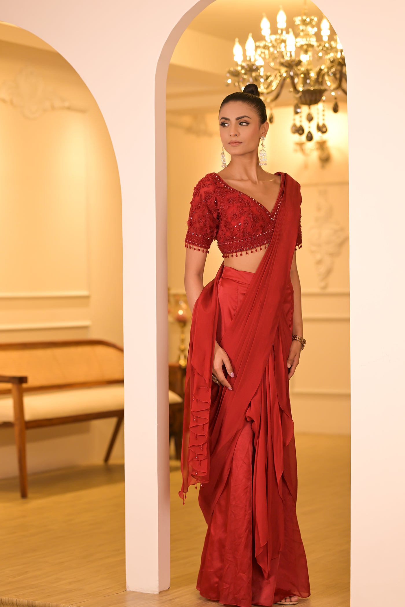 Crimson Red Pre-Draped Saree Set