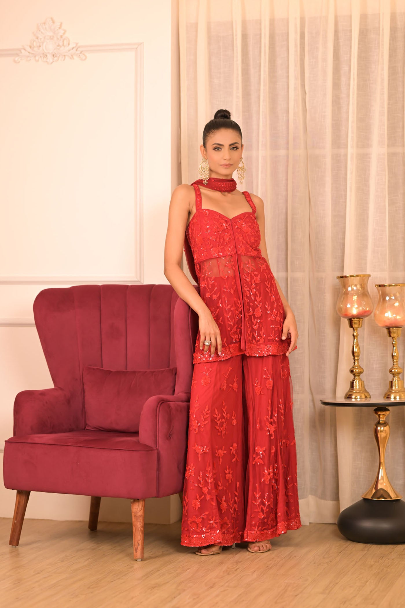 Crimson Embroidered Sharara Set