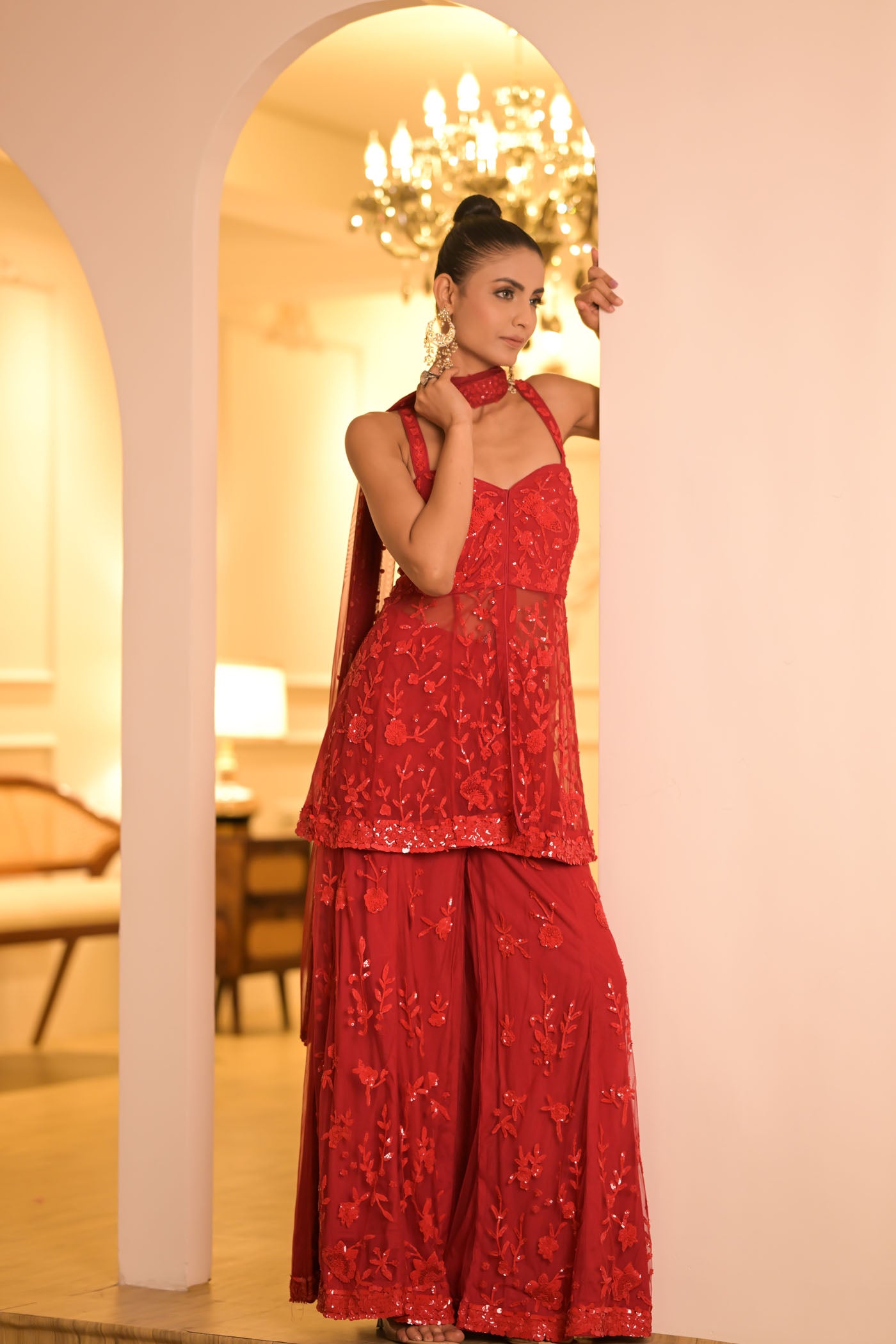 Crimson Embroidered Sharara Set